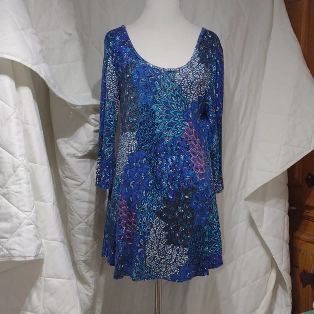 Beautiful peacock feathers tunic top/dress, sz med - Picture 1 of 16